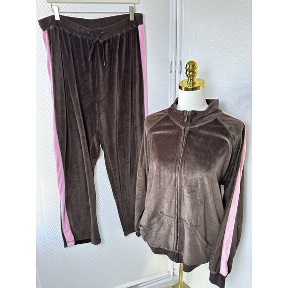 Vtg Y2k Jane Ashley Women's Two Piece Velour Sweat Track Suit Brown Pink 1x - Picture 1 of 14